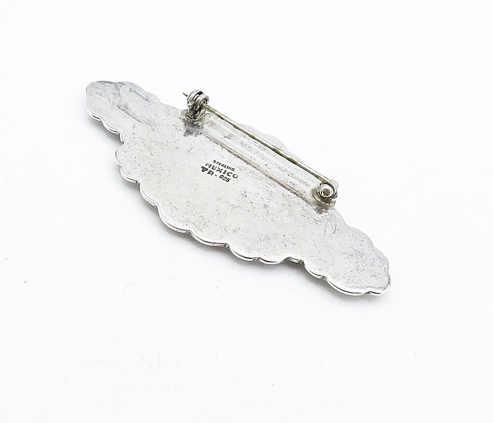 MEXICO 925 Sterling Silver Vintage Multi Gemstone Etched Brooch Pin BP1563