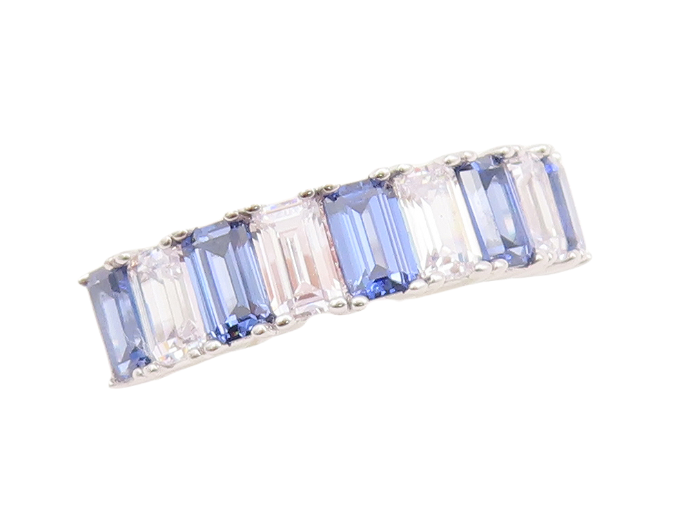 925 Sterling Silver Vintage Ring Emerald Cut Blue & White CZ Band  Sz 7  RG29548