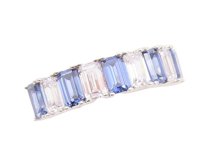 925 Sterling Silver Vintage Ring Emerald Cut Blue & White CZ Band  Sz 7  RG29548