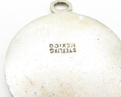 MEXICO 925 Silver  Vintage Dark Tone Chiseled Figures Round Pendant  PT14112