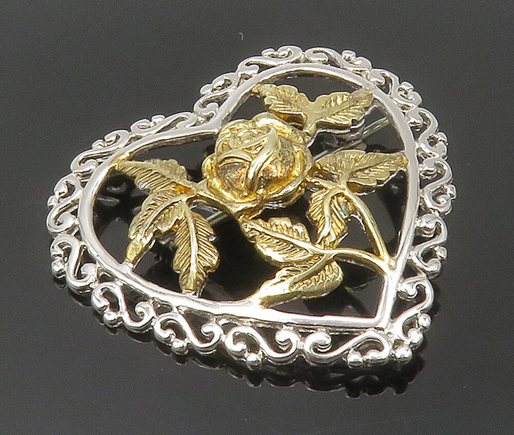 925 Sterling Silver  Vintage Two Tone Floral Love Heart Brooch Pin  BP6096