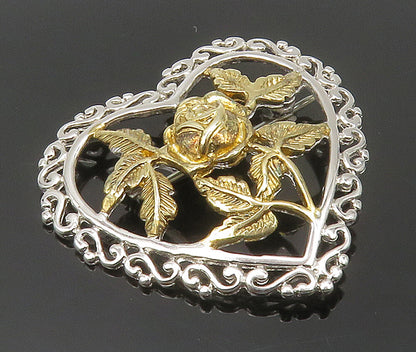 925 Sterling Silver  Vintage Two Tone Floral Love Heart Brooch Pin  BP6096