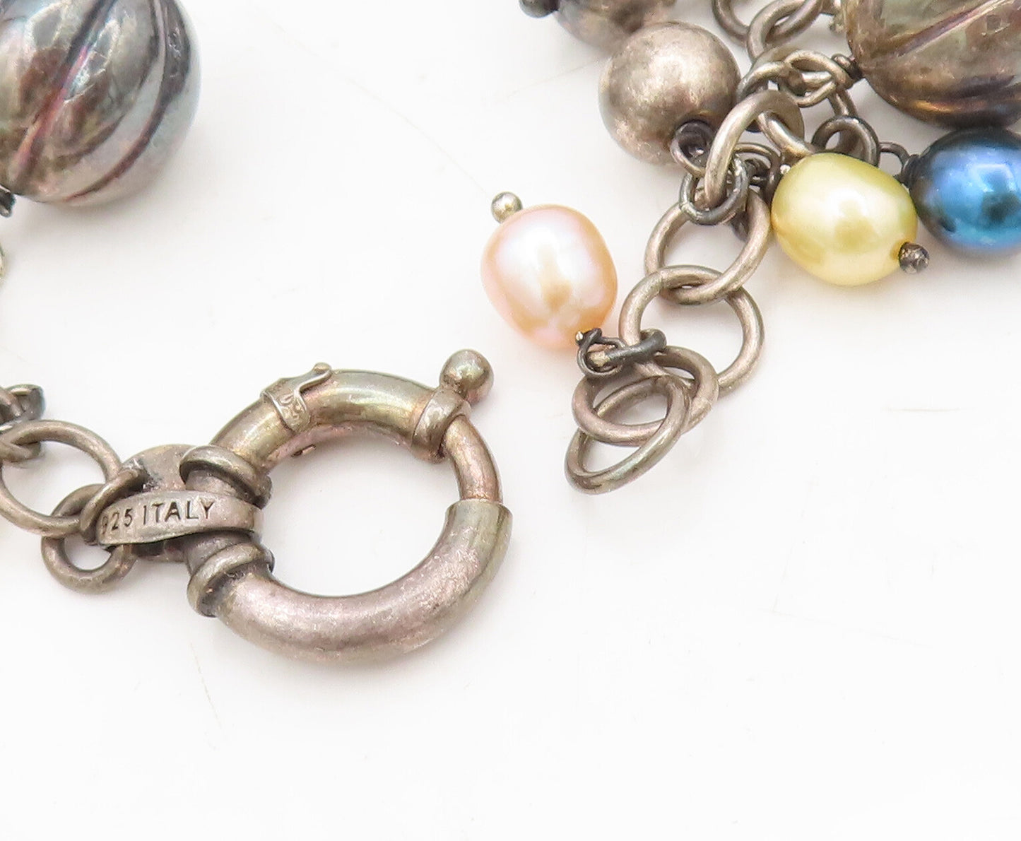 925 Sterling Silver Vintage Bracelet Sphere Cut Pearls Smokey Quartz  BT10255