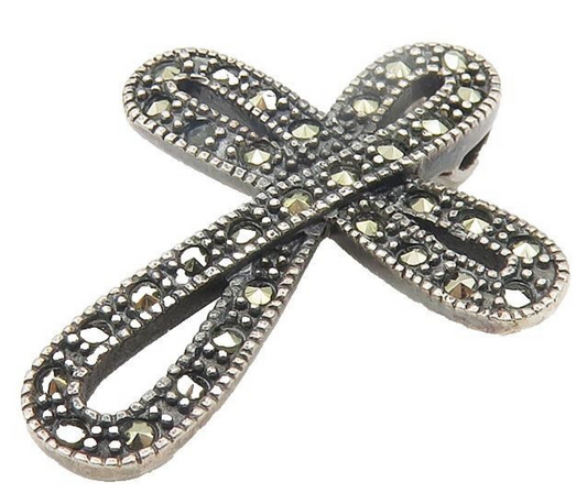 925 Sterling Silver  Vintage Marcasite Religious Cross Shiny Pendant  PT9425