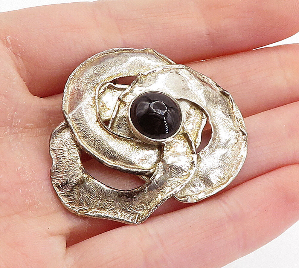 925 Sterling Silver  Vintage Modernist Black Onyx Pretzeled Brooch Pin  BP2784