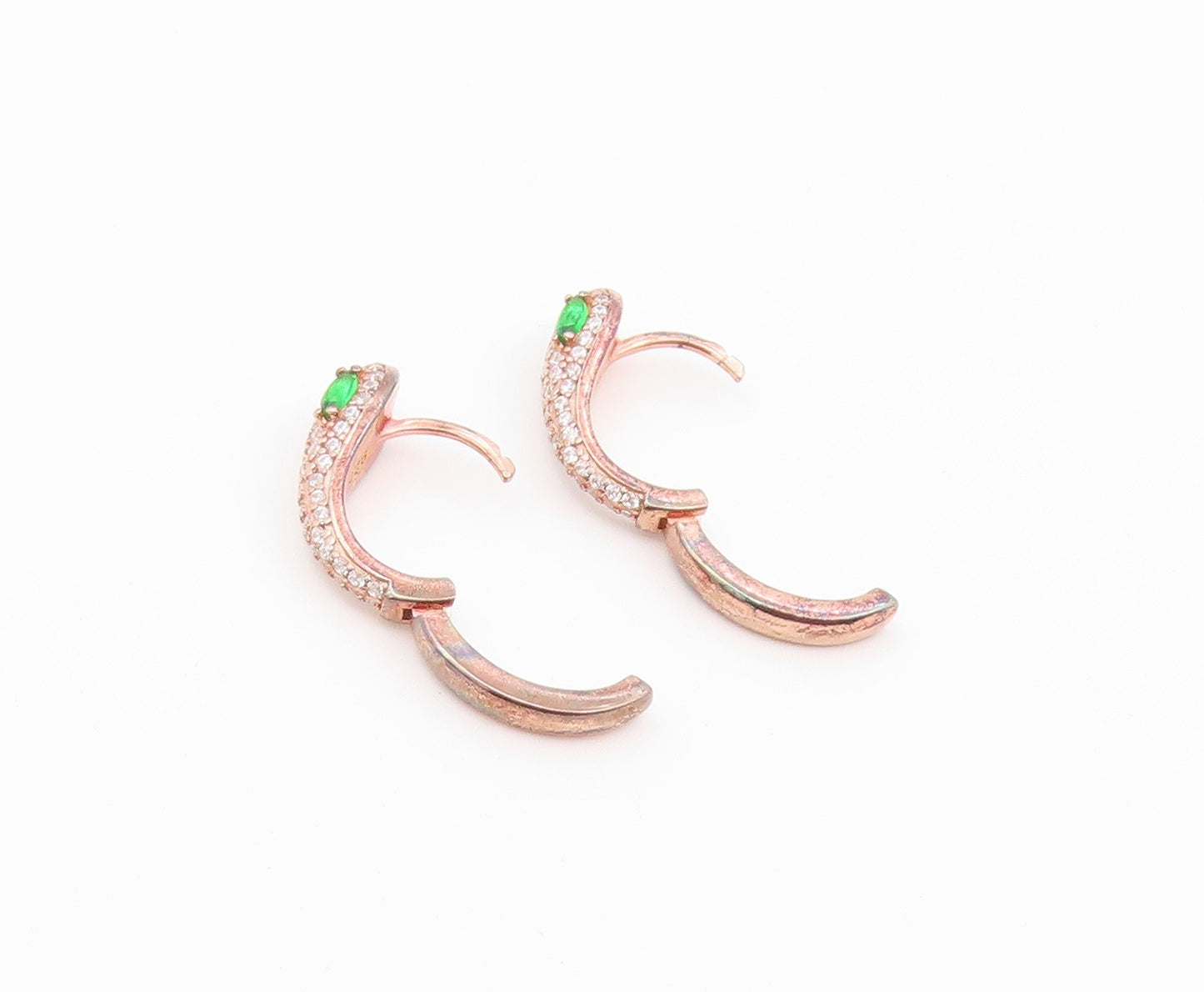 925 Sterling Silver Vintage Earrings Gold Plated Emerald & CZ Snake Hoop EG14517