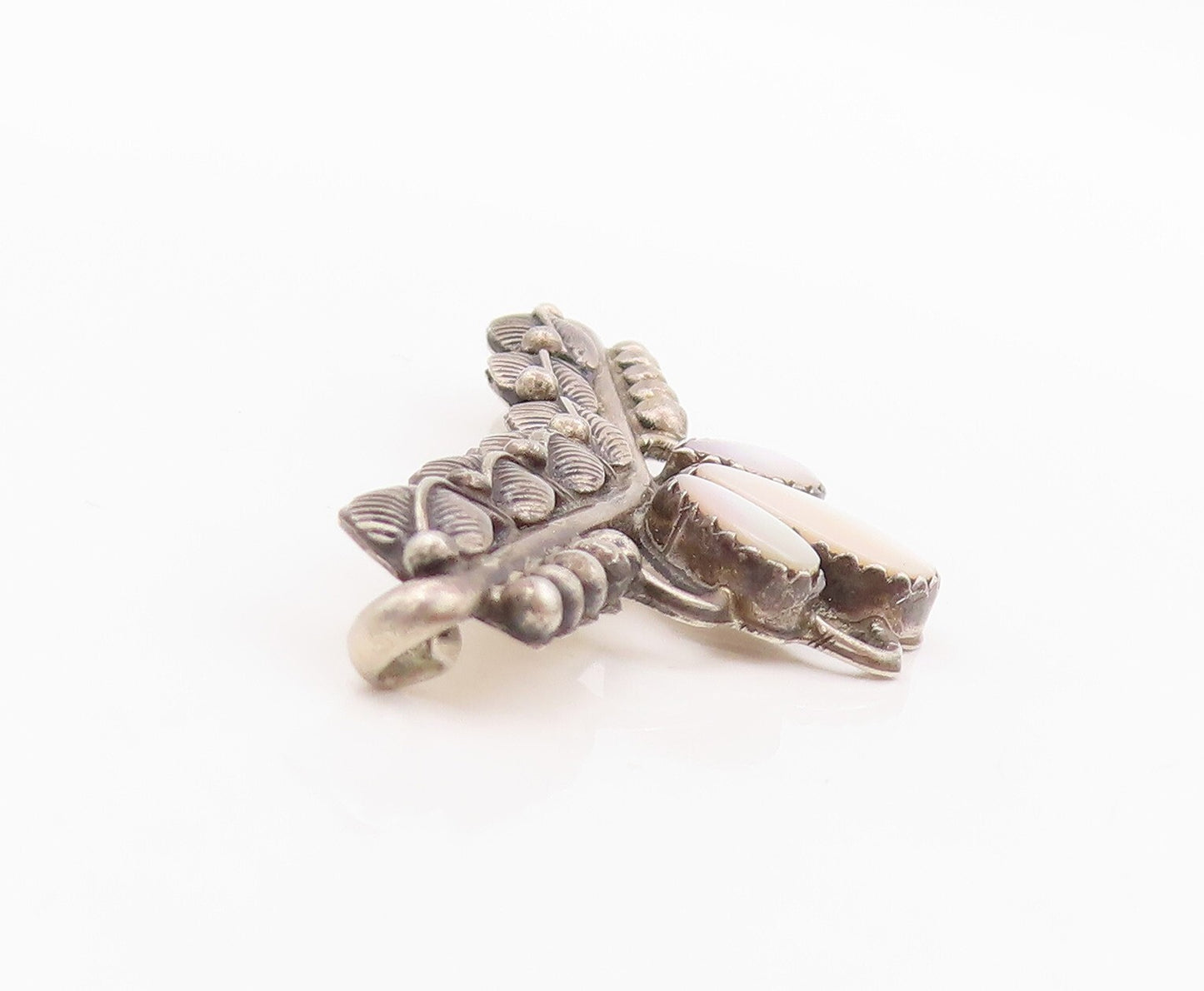 925 Sterling Silver Vintage Pendant Dark Tone Drop Shape Mother Of Pearl PT23894
