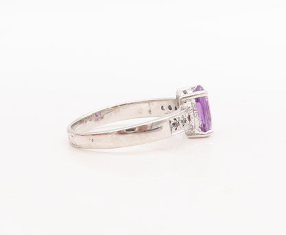 925 Sterling Silver Vintage Ring Oval Cut Amethyst Diamonds Inlay Sz 7.5 RG29380