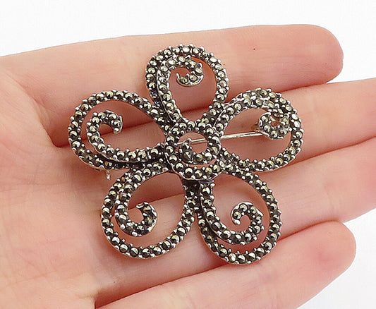 925 Sterling Silver  Vintage Marcasite Decorated Flower Brooch Pin  BP2265