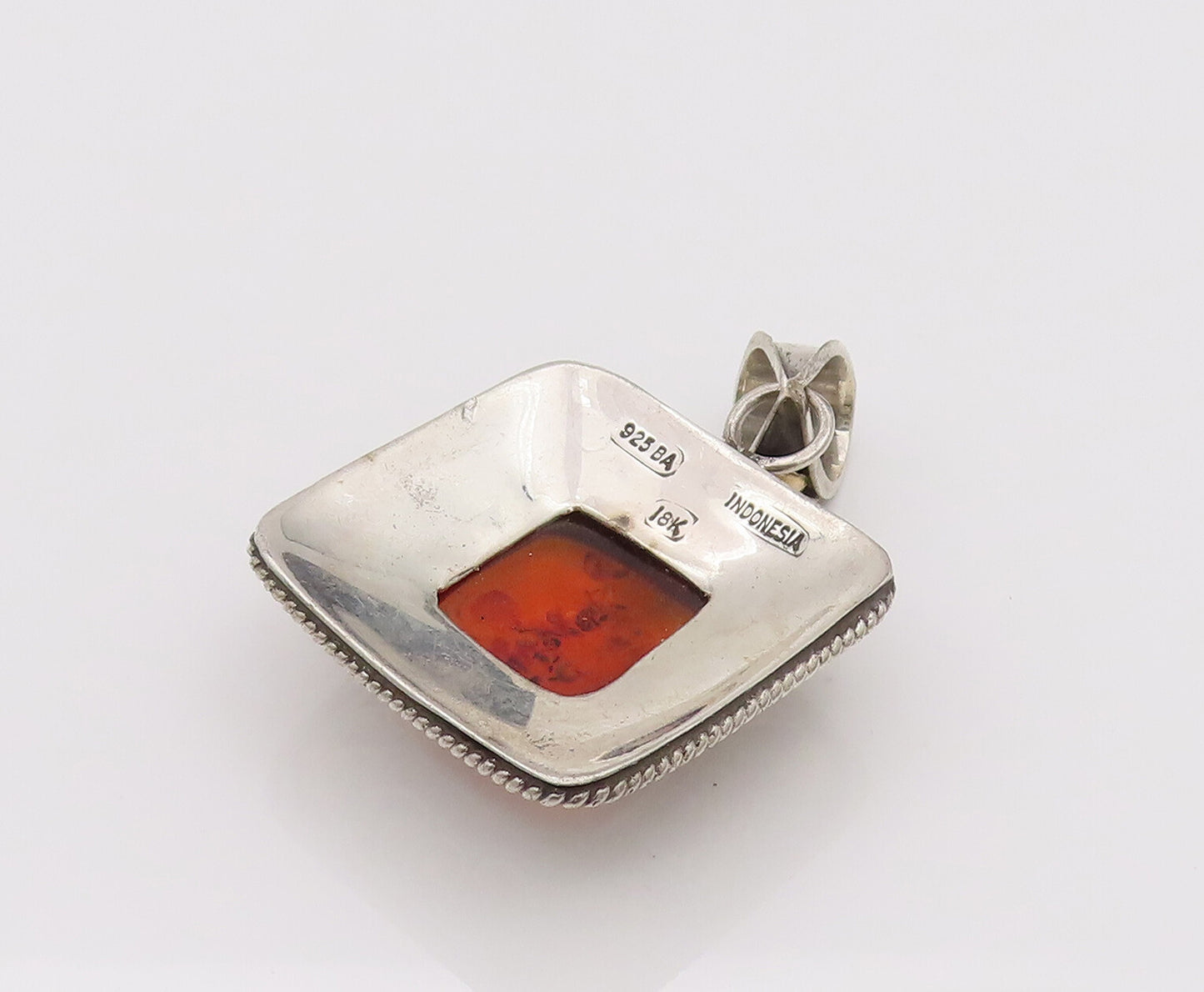 18k GOLD & 925 Silver  Vintage Square Bali Swirly Amber Pendant  PT22173