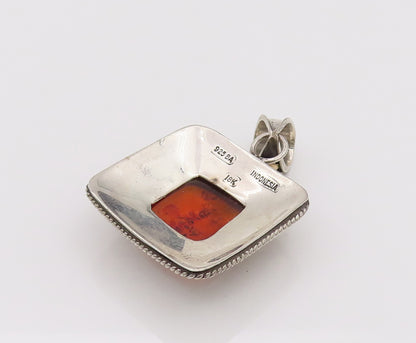 18k GOLD & 925 Silver  Vintage Square Bali Swirly Amber Pendant  PT22173