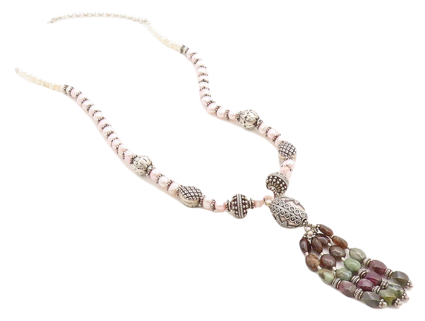 925 Sterling Silver  Vintage Pearls Agate & Amethyst Chain Necklace  NE1655