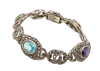 925 Silver  Vintage Amethyst Citrine Peridot & Topaz Chain Bracelet  BT4108
