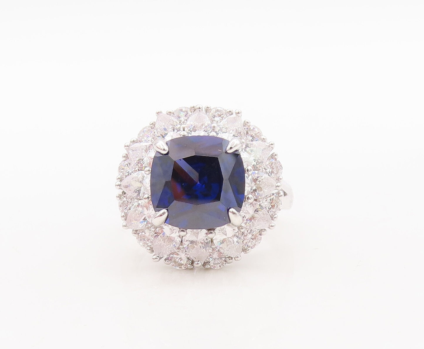 925 Sterling Silver Vintage Ring Square Cut Blue Halo White CZ  Sz 7  RG29546