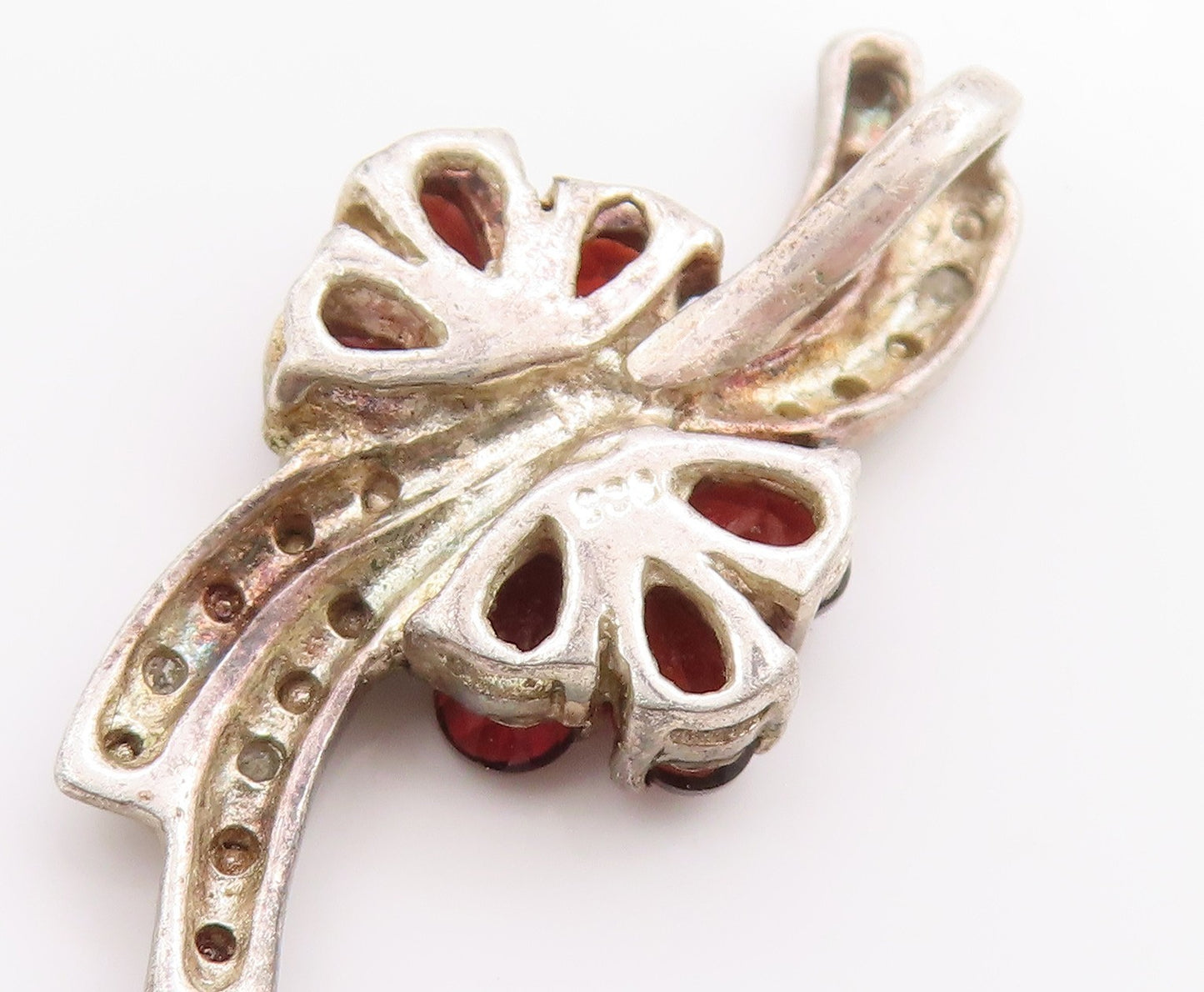 925 Sterling Silver Vintage Pendant Real Diamonds & Garnet Floral Charm  PT25041
