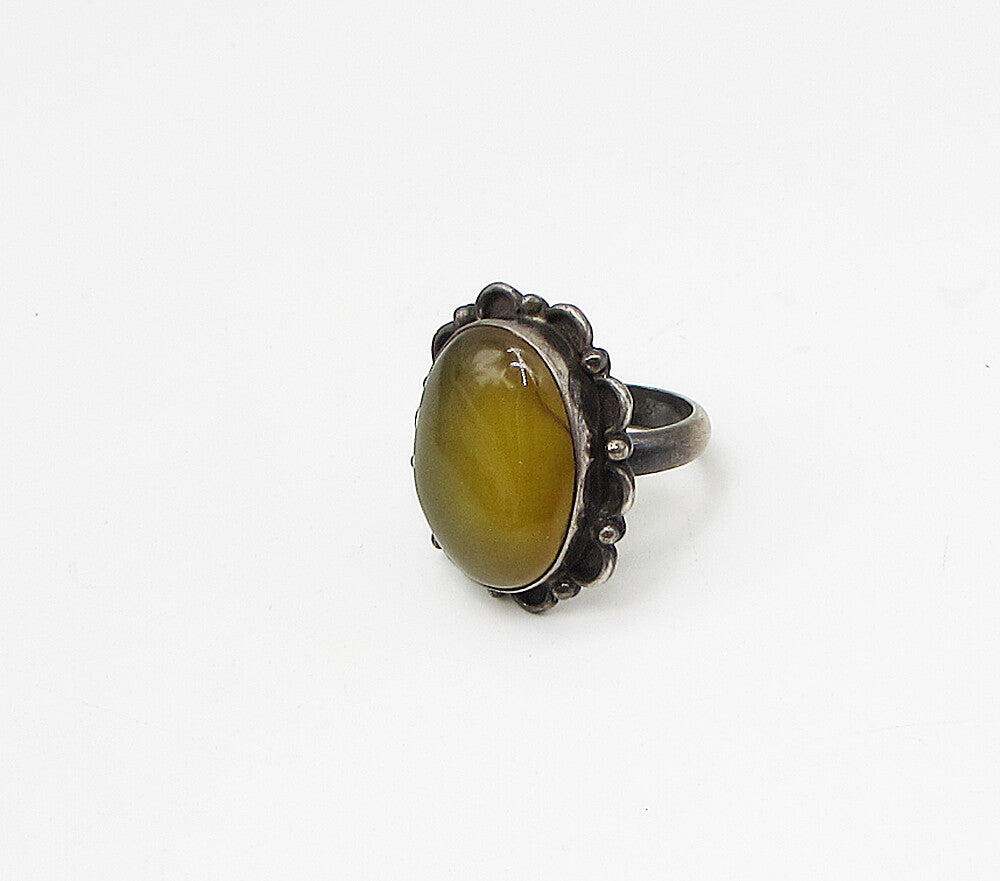 925 Sterling Silver  Vintage Bezel Set Jasper Solitaire Ring Sz 7.5  RG3051