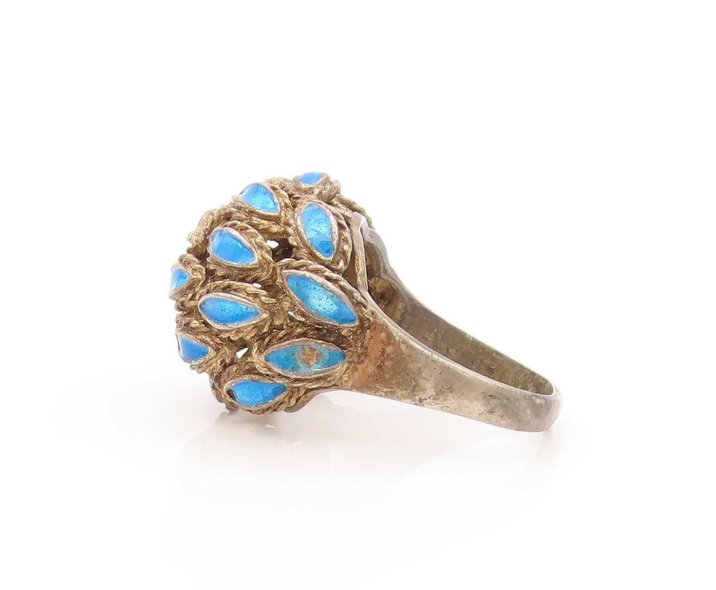 925 Sterling Silver Vintage Ring ESPO Domed Enameled Cutout Leaves Sz 8  RG31757