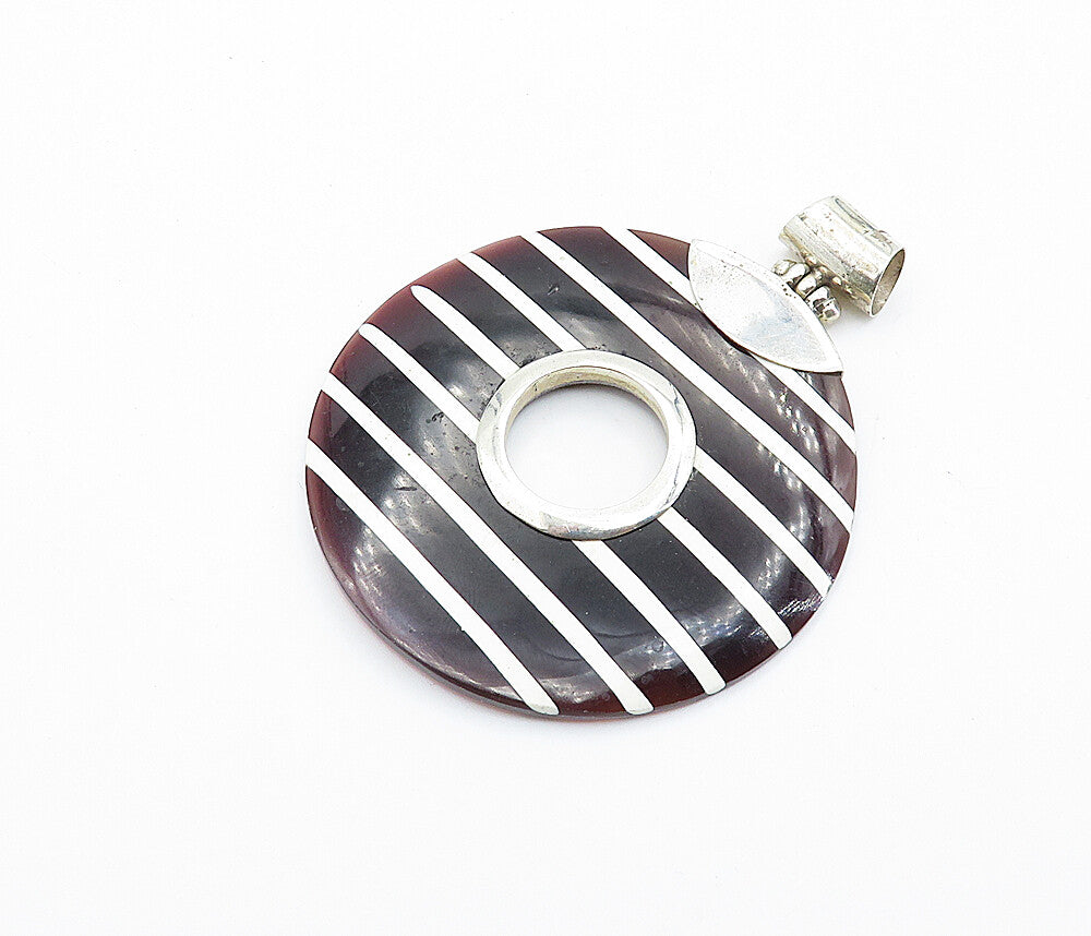 925 Sterling Silver  Brown Agate Striped Open Circle Drop Pendant  PT6093