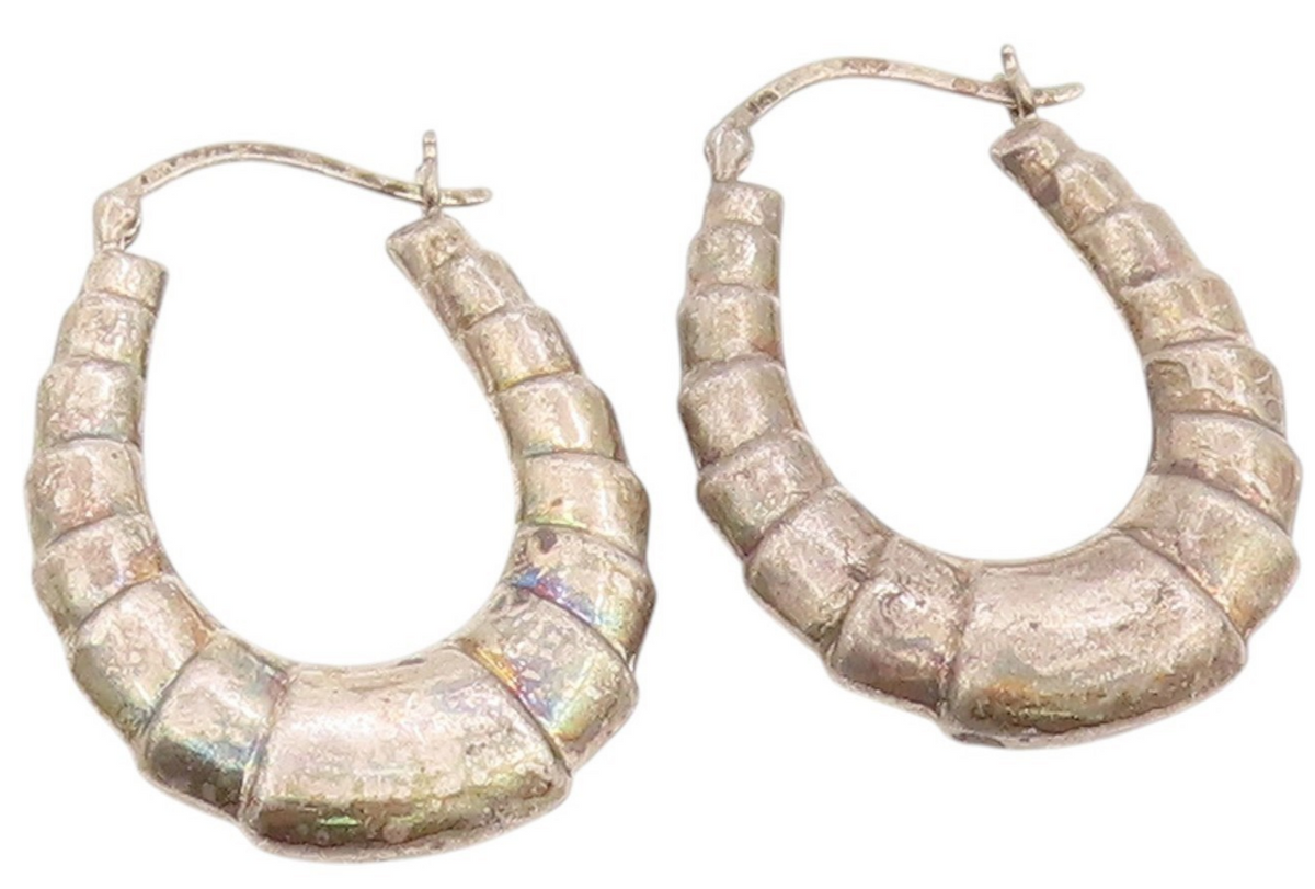 925 Sterling Silver Vintage Earrings Solid Ribbed Statement Design Hoops EG13689