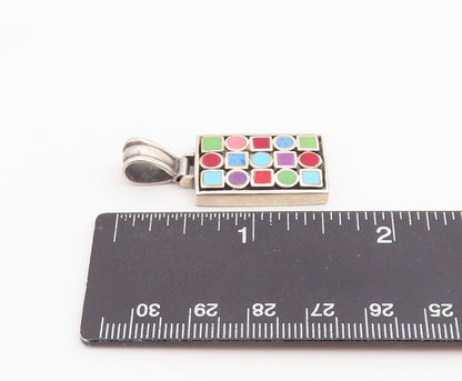 925 Sterling Silver Vintage Pendant Multi Gemstone Geometric Grid Charm  PT26526