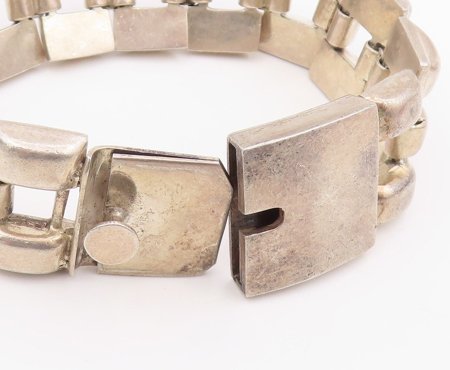 925 Sterling Silver Vintage Bracelet MEXICO Modernist Wide Panel Link  BT11614