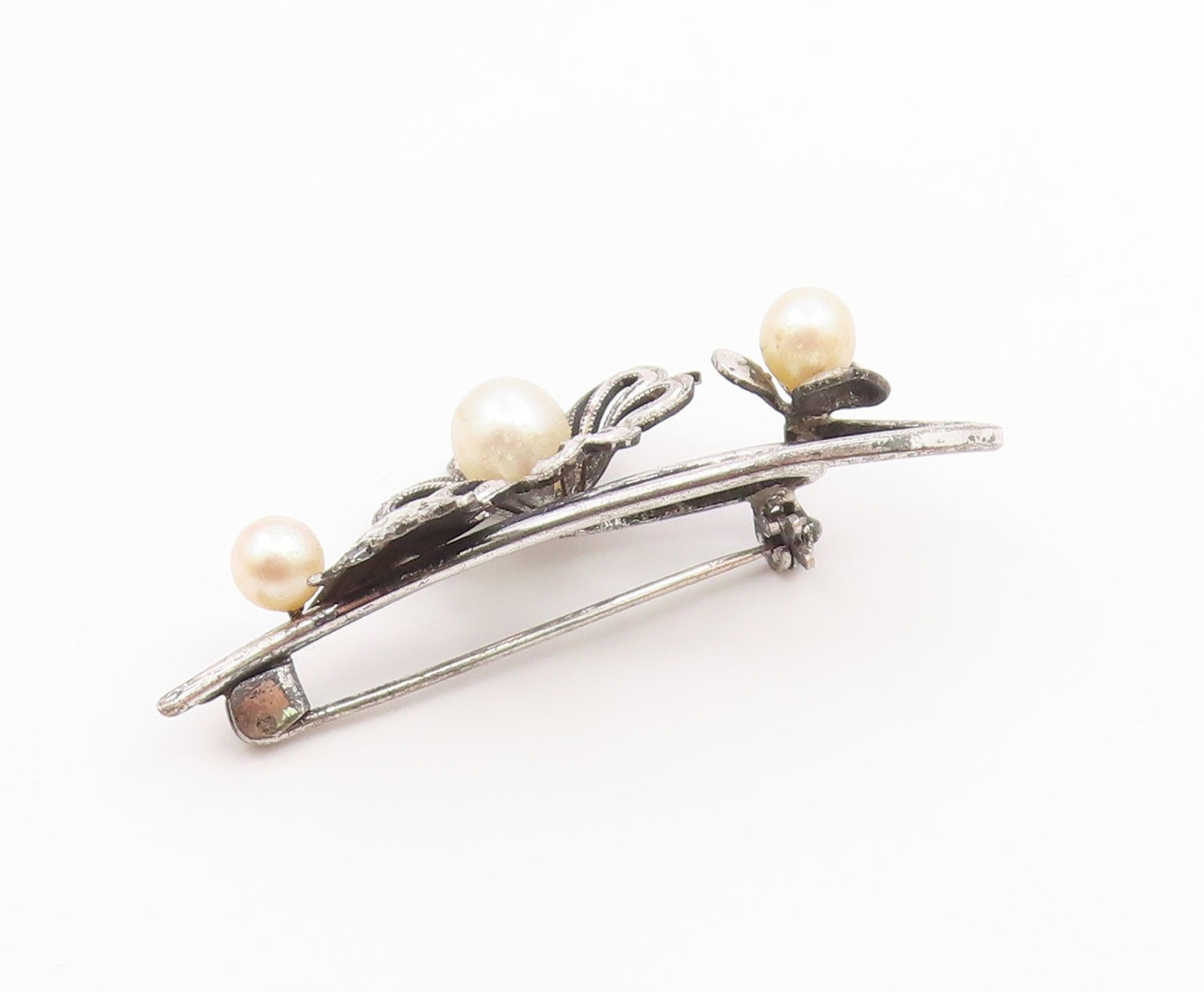925 Sterling Silver  Vintage Cultured Pearls Flower Cutout Brooch Pin  BP9495