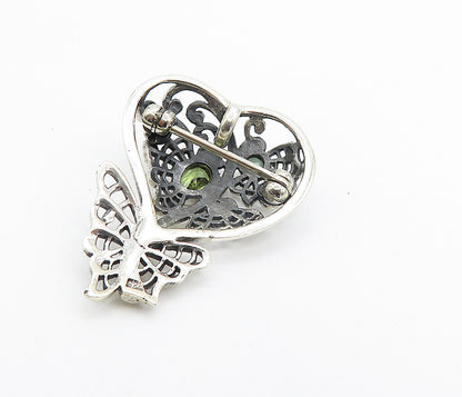 925 Sterling Silver  Vintage Topaz & Peridot Butterfly Heart Brooch Pin BP2969