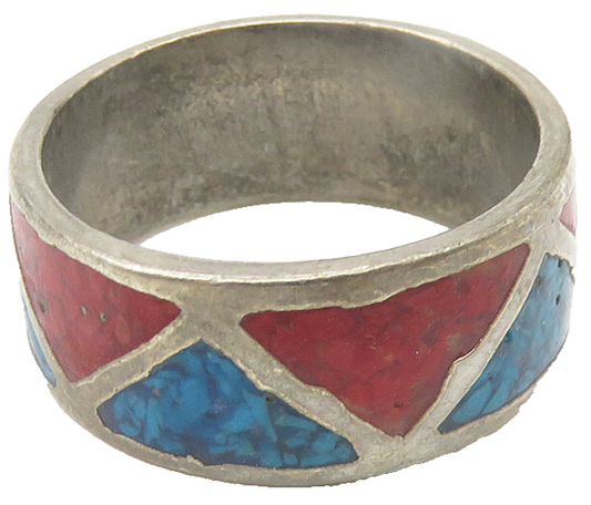 SOUTHWESTERN 925 Silver Vintage Turquoise & Coral Band Ring Sz 6 RG11078