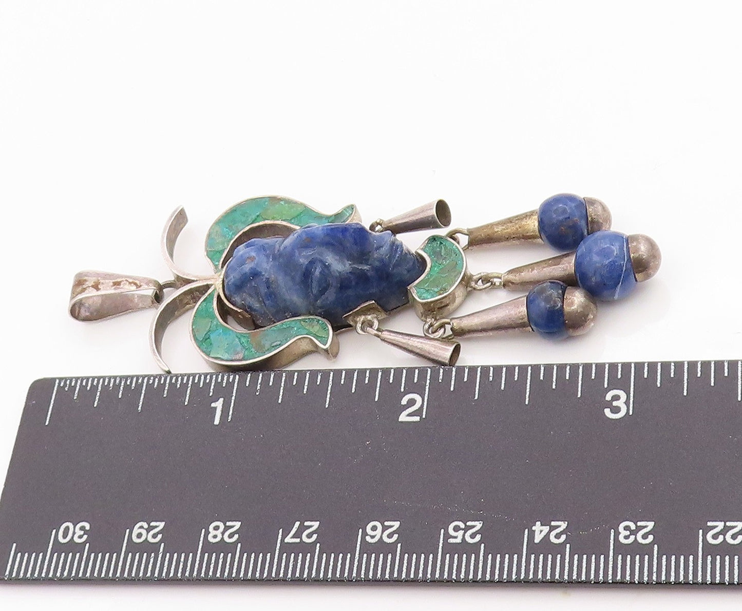 925 Sterling Silver Vintage Pendant MEXICO Turquoise Trible Man Carved  PT24342