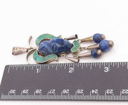 925 Sterling Silver Vintage Pendant MEXICO Turquoise Trible Man Carved  PT24342