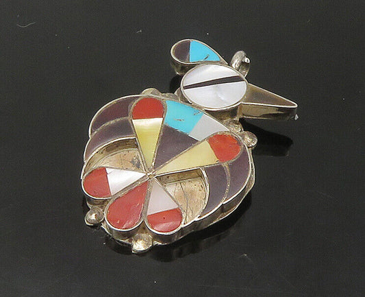 ZUNI NAVAJO 925 Silver  Vintage Turquoise & MultiStone Bird Pendant  PT18218