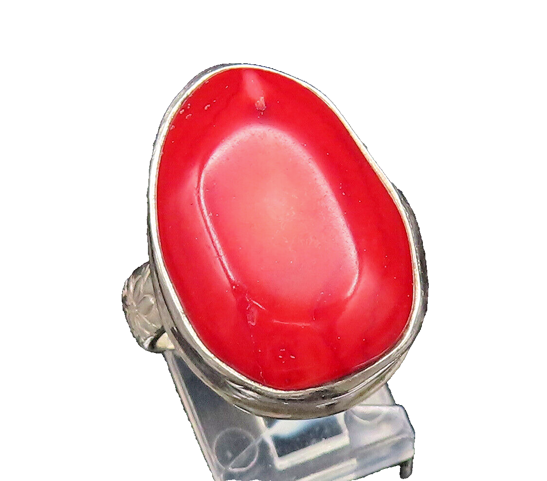 925 Silver  Vintage Unique Red Agate Engraved Floral Band Ring Sz 9.5  RG25710