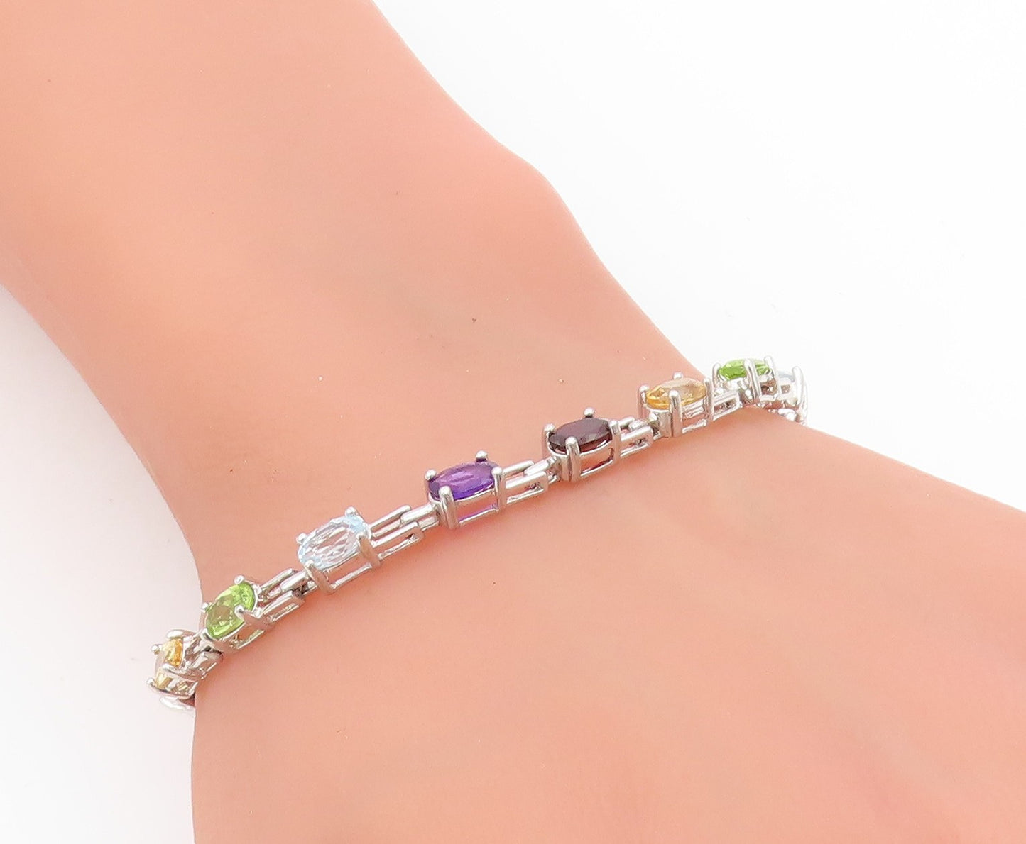 925 Sterling Silver Vintage Bracelet Multi Gemstone Elegant Tennis Link  BT11747