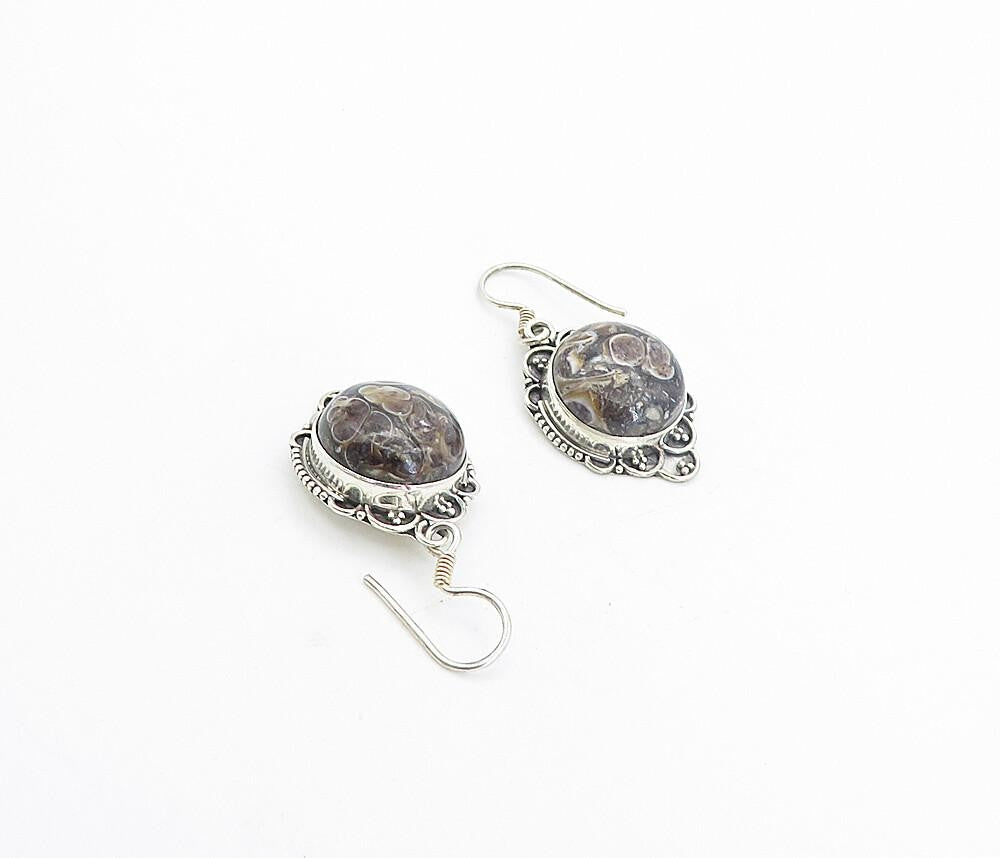 925 Sterling Silver  Vintage Cabochon Cut Spotted Jasper Drop Earrings  EG3345