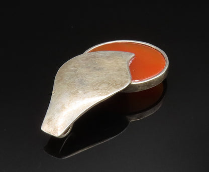 ISRAEL 925 Silver   Vintage Inlaid Carnelian Smooth Leaf Drop Pendant  PT20582