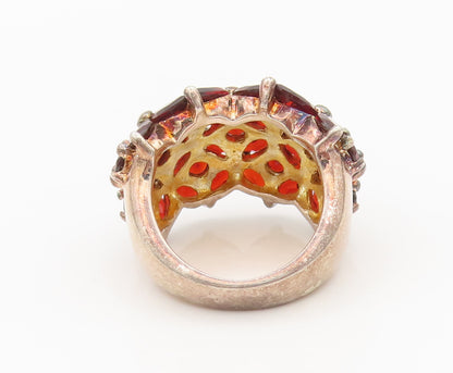 925 Silver  Vintage Red Topaz Beaded Flower Broad Band Ring Sz 7  RG27169