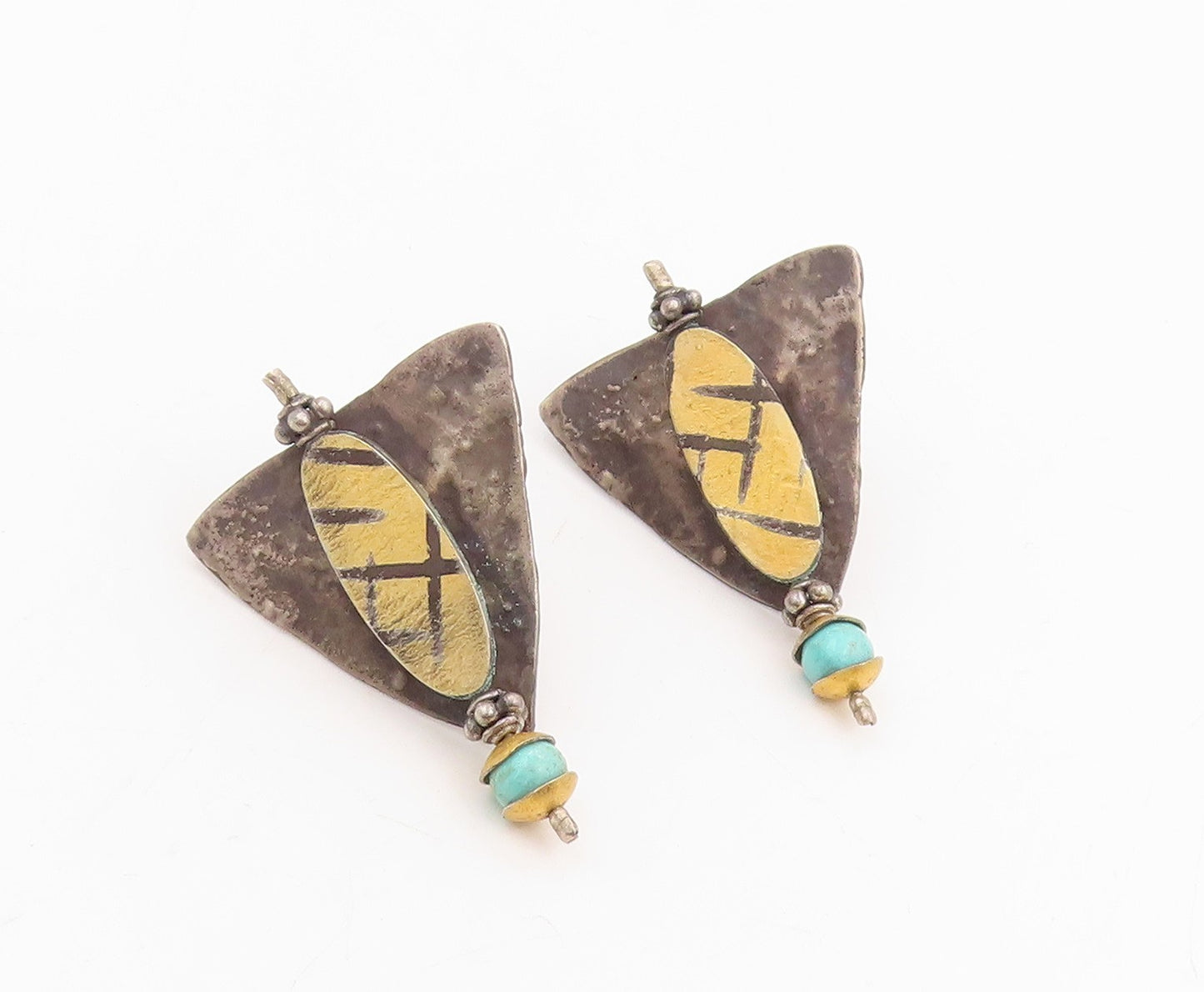 925 Sterling Silver Vintage Earrings Turquoise Modernist Geometric Drop  EG14073