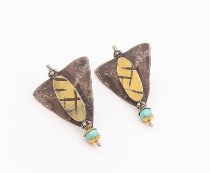 925 Sterling Silver Vintage Earrings Turquoise Modernist Geometric Drop  EG14073