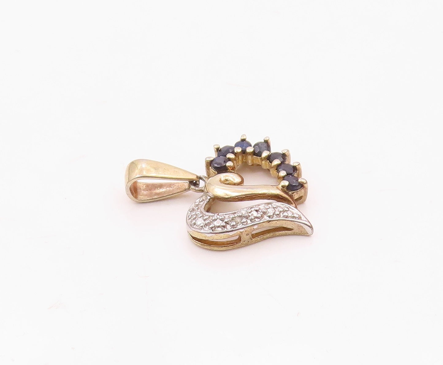 925 Sterling Silver  Vintage Genuine Diamond & Sapphire Heart Pendant  PT18070