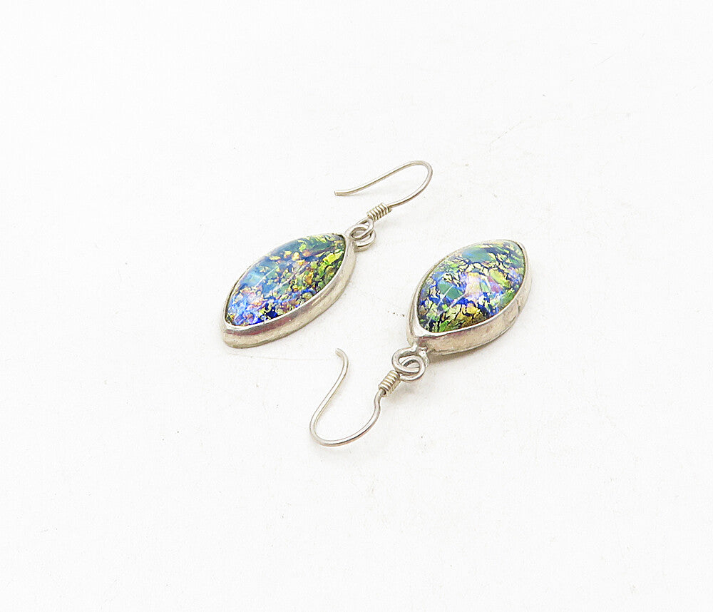 925 Sterling Silver  Vintage Glitter Art Pointed Oval Drop Earrings  EG4711