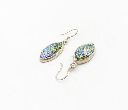925 Sterling Silver  Vintage Glitter Art Pointed Oval Drop Earrings  EG4711
