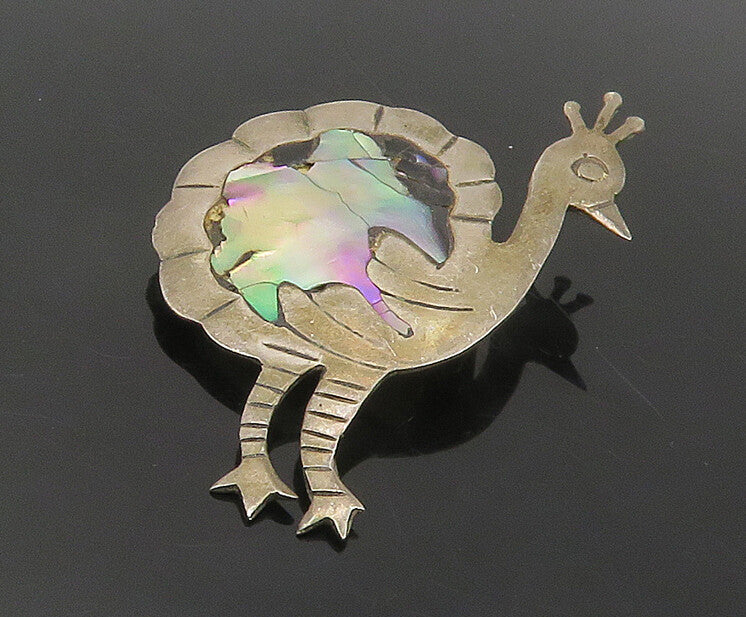 MEXICO 925 Sterling Silver  Vintage Abalone Shell Peacock Brooch Pin  BP6878