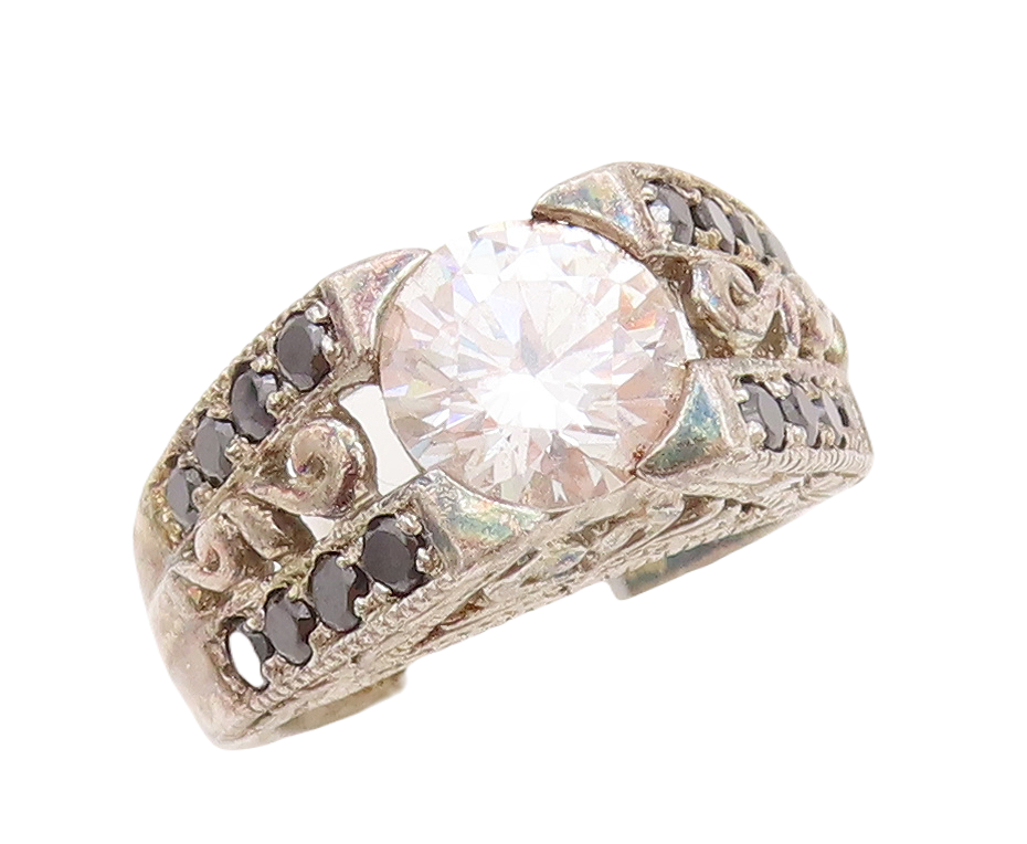 925 Sterling Silver Vintage Ring Swirls Carved Onyx Shank & Topaz  Sz 6  RG28721