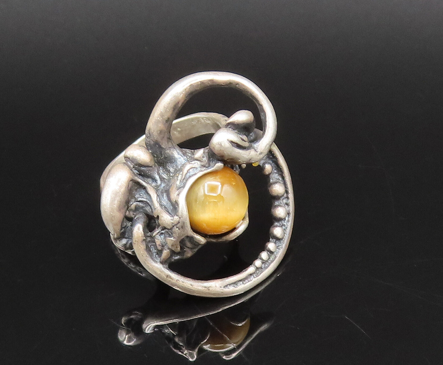 ISRAEL 925 Silver  Vintage Modernist Openwork Tiger's Eye Ring Sz 7.5  RG26019