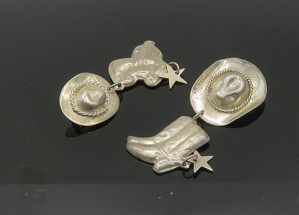 MEXICO 925 Silver  Vintage Cowboy Hat Saddle & Star Dangle Earrings  EG10516