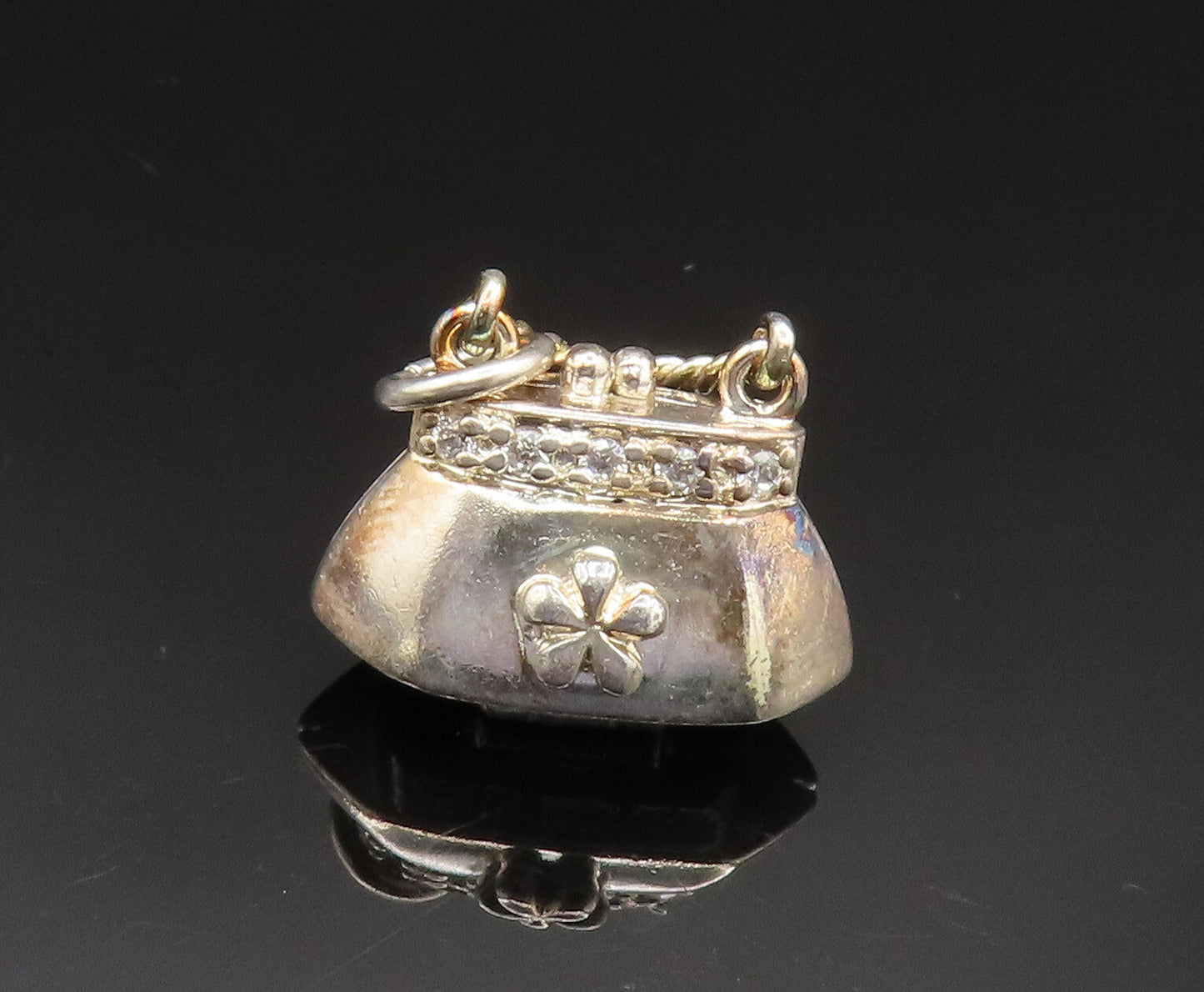 925 Sterling Silver Vintage Cubic Zirconia Floral Purse Pendant (OPENS)  PT20701