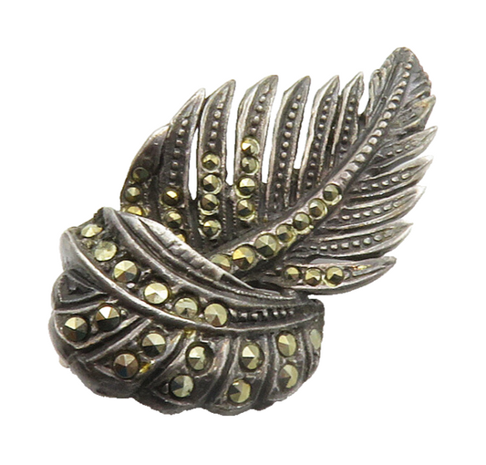 925 Sterling Silver  Vintage Marcasite Floral Leaf Dark Tone Brooch Pin BP5651