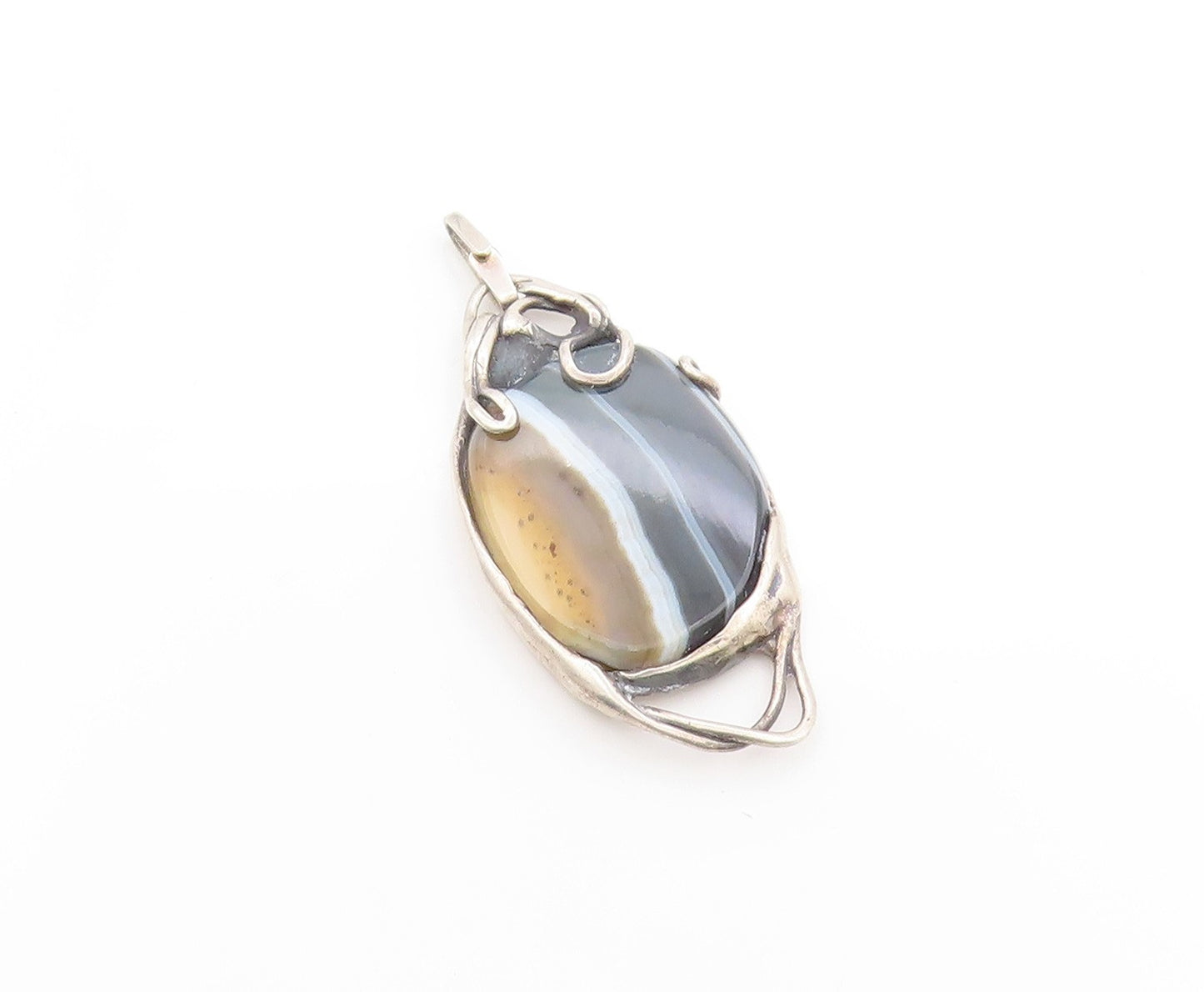 925 Sterling Silver Vintage Pendant Large Agate Modernist River Design  PT25078