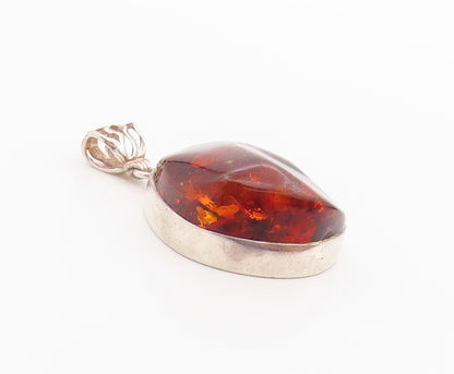 925 Sterling Silver Vintage Pendant Large Amorphas Cabochon Honey Amber  PT24359