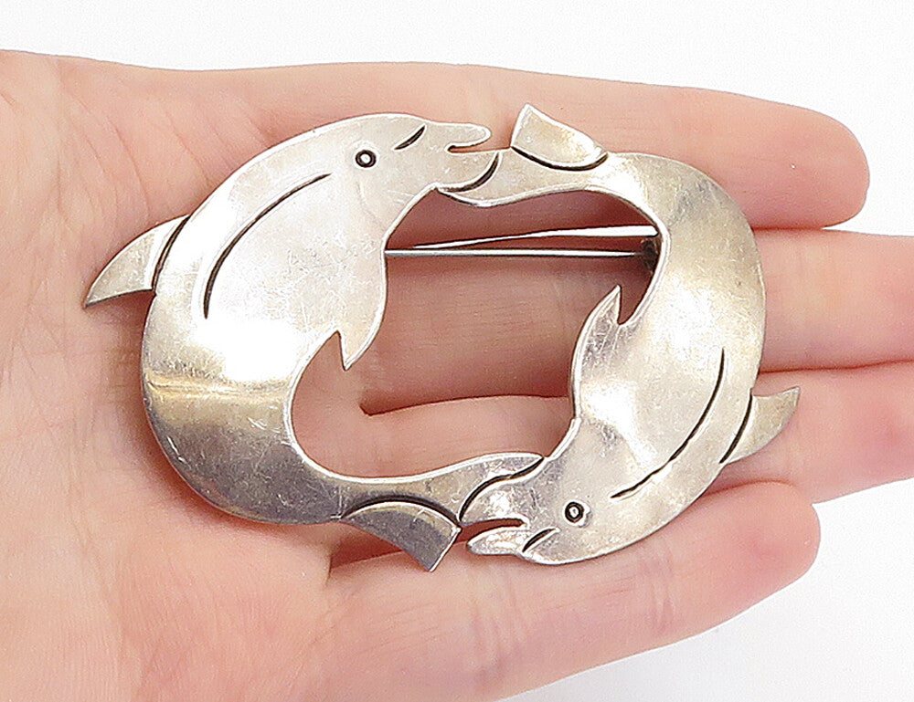 MEXICO 925 Sterling Silver  Vintage Double Dolphin Love Brooch Pin  BP2379